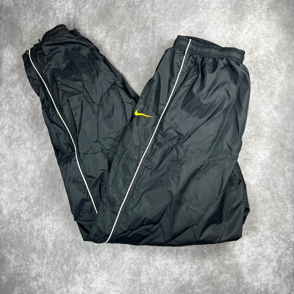 Vintage 90s Nike Mens XL Black Nylon Track Pants White Stripe Yellow Swoosh Logo